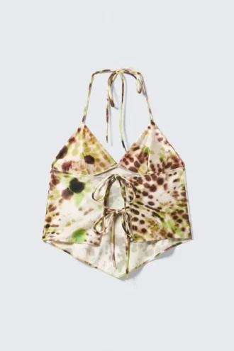 Cropped Printed Halterneck Top – Brown & Green Floral Dots