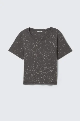 Cropped Printed Ribbed Cotton T-Shirt – Black – Acid Spray