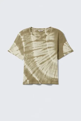 Cropped Printed Ribbed Cotton T-Shirt – Khaki Green Tie-Dye