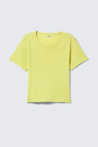 Cropped Printed Ribbed Cotton T-Shirt – Light Yellow