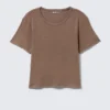 Cropped Printed Ribbed Cotton T-Shirt – Washed Dark Brown Cropped Printed Ribbed Cotton T-Shirt – Washed Dark Brown