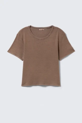 Cropped Printed Ribbed Cotton T-Shirt – Washed Dark Brown
