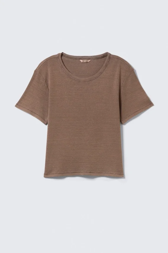 Cropped Printed Ribbed Cotton T-Shirt – Washed Dark Brown Cropped Printed Ribbed Cotton T-Shirt – Washed Dark Brown