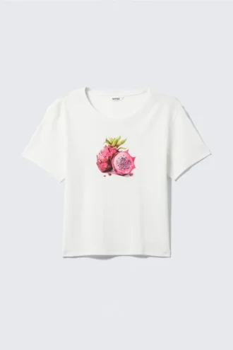 Cropped Printed Ribbed Cotton T-Shirt – White – Dragon Fruit