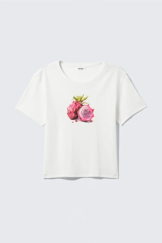 Cropped Printed Ribbed Cotton T-Shirt – White – Dragon Fruit Cropped Printed Ribbed Cotton T-Shirt – White – Dragon Fruit