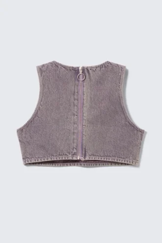 Cropped Zip-Back Denim Bralette – Washed Lilac