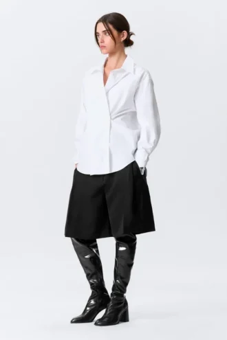 Cross-Buttoned Long-Sleeved Cotton Shirt – White