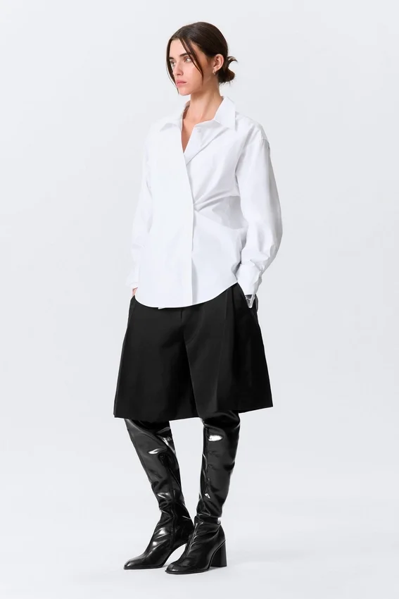 Cross-Buttoned Long-Sleeved Cotton Shirt – White Cross-Buttoned Long-Sleeved Cotton Shirt – White