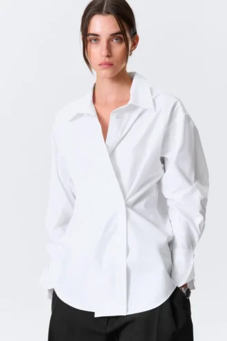 Cross-Buttoned Long-Sleeved Cotton Shirt – White