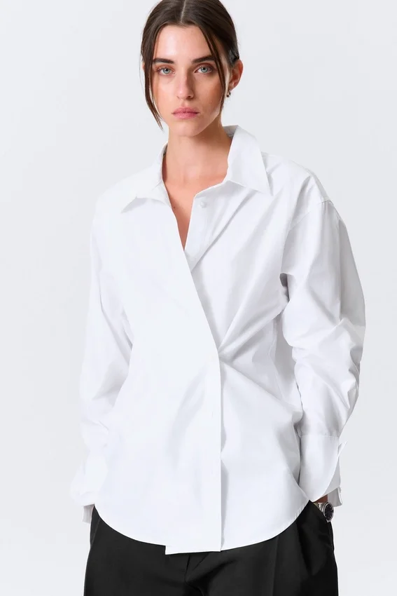 Cross-Buttoned Long-Sleeved Cotton Shirt – White Cross-Buttoned Long-Sleeved Cotton Shirt – White