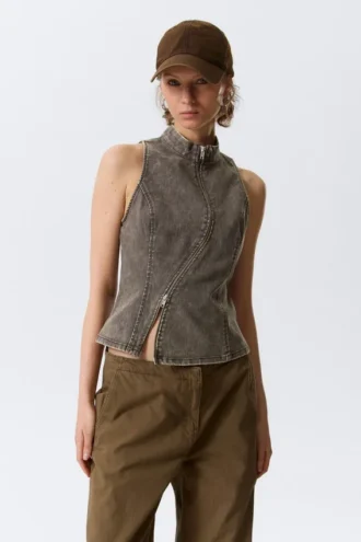 Curved Zip Sleeveless Top – Dark Grey
