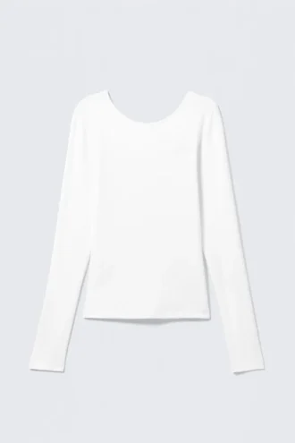 Deep Back Long-Sleeved Top – White