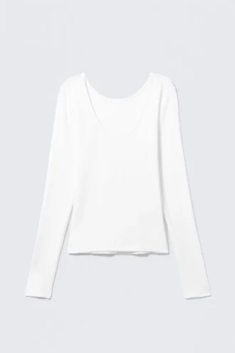 Deep Back Long-Sleeved Top – White