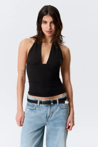 Deep Halterneck Top – Black