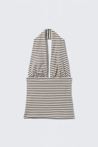 Deep Halterneck Top – Dark Mole & White Stripes