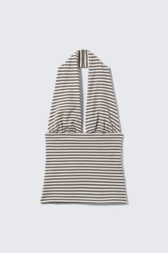 Deep Halterneck Top – Dark Mole & White Stripes Deep Halterneck Top – Dark Mole & White Stripes