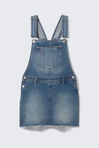 Denim Dungaree Mini Dress – Sunset Blue – Medium Blue