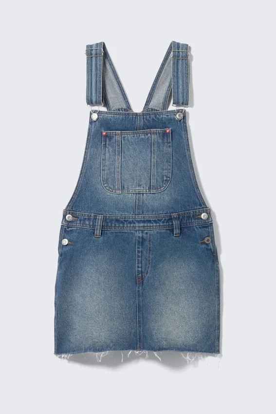 Denim Dungaree Mini Dress – Sunset Blue – Medium Blue Denim Dungaree Mini Dress – Sunset Blue – Medium Blue