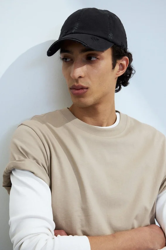 Distressed Cotton Canvas Baseball Cap – Cropped Black Distressed Cotton Canvas Baseball Cap – Cropped Black