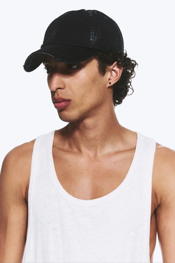 Distressed Cotton Canvas Baseball Cap – Cropped Black Distressed Cotton Canvas Baseball Cap – Cropped Black