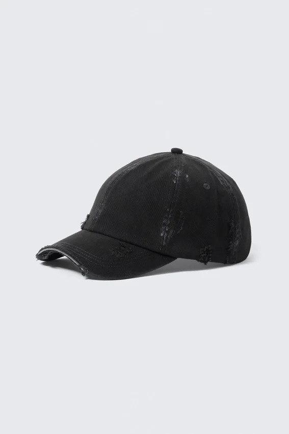 Distressed Cotton Canvas Baseball Cap – Cropped Black Distressed Cotton Canvas Baseball Cap – Cropped Black