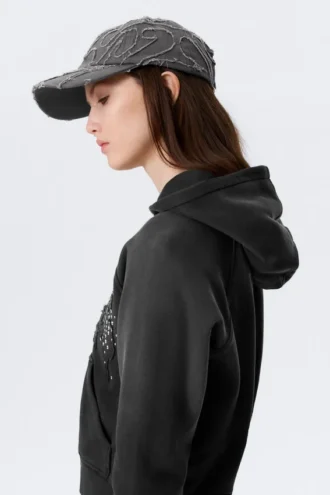 Distressed Cotton Canvas Baseball Cap – Embroidered Washed Black