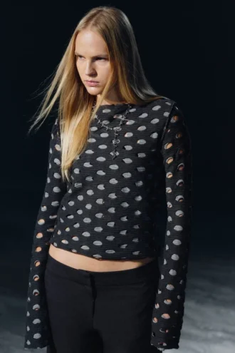 Distressed Long-Sleeved Boat-Neck Top – Dark Grey