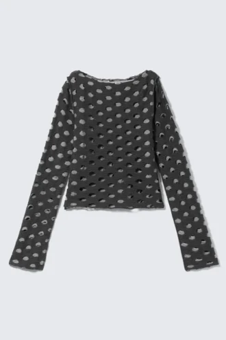 Distressed Long-Sleeved Boat-Neck Top – Dark Grey
