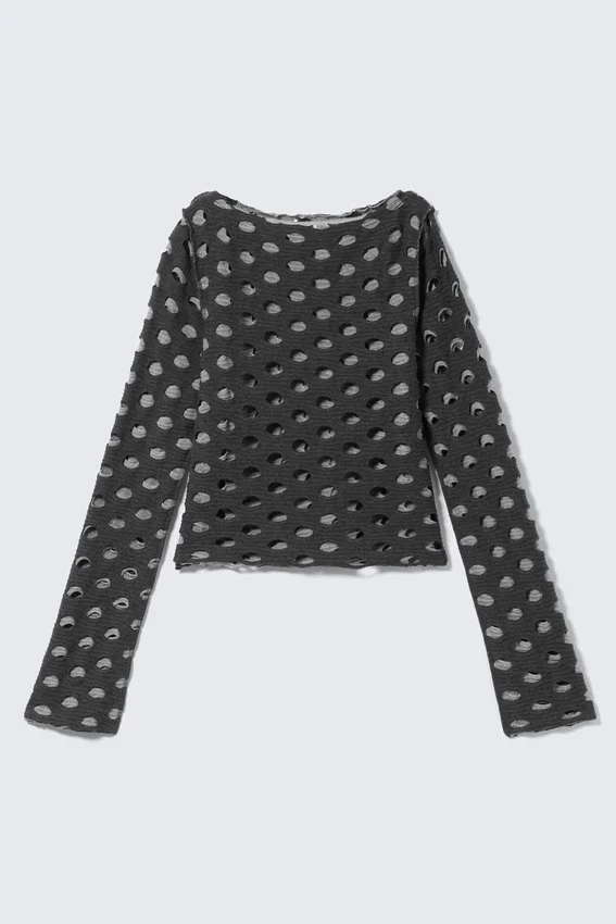 Distressed Long-Sleeved Boat-Neck Top – Dark Grey Distressed Long-Sleeved Boat-Neck Top – Dark Grey