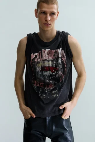 Distressed Printed Short-Sleeved T-Shirt – Dark Grey – Rock ‘N’ Roll