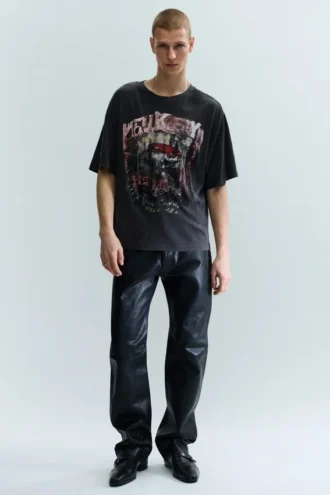 Distressed Printed Short-Sleeved T-Shirt – Dark Grey – Rock ‘N’ Roll