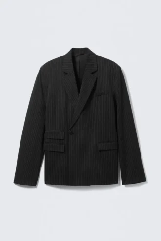 Double-Breasted Fitted Blazer – Black – Pinstriped