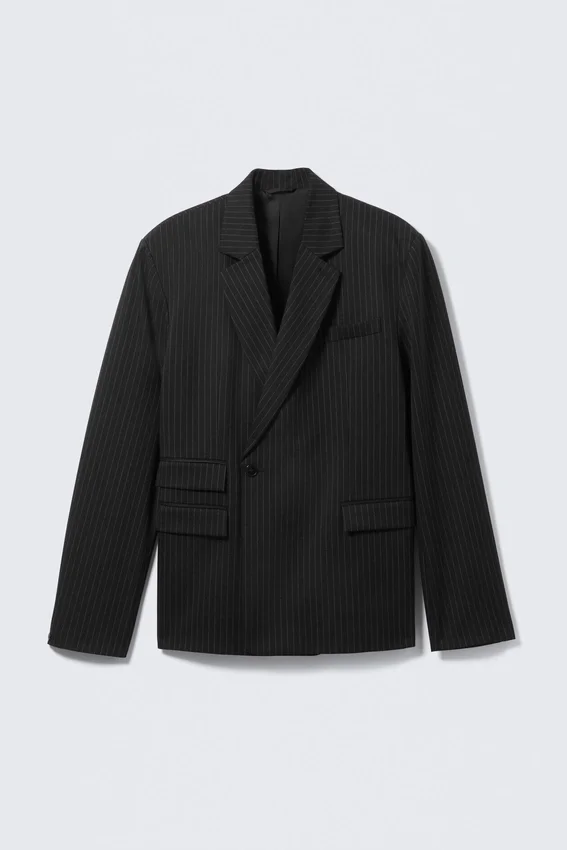 Double-Breasted Fitted Blazer – Black – Pinstriped Double-Breasted Fitted Blazer – Black – Pinstriped