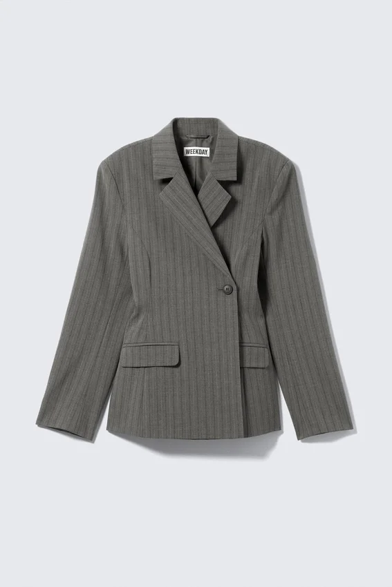 Double-Breasted Suiting Blazer – Striped Dark Grey Melange Double-Breasted Suiting Blazer – Striped Dark Grey Melange