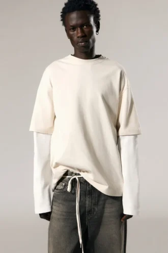 Double-Layered Cotton T-Shirt – Light Beige & White