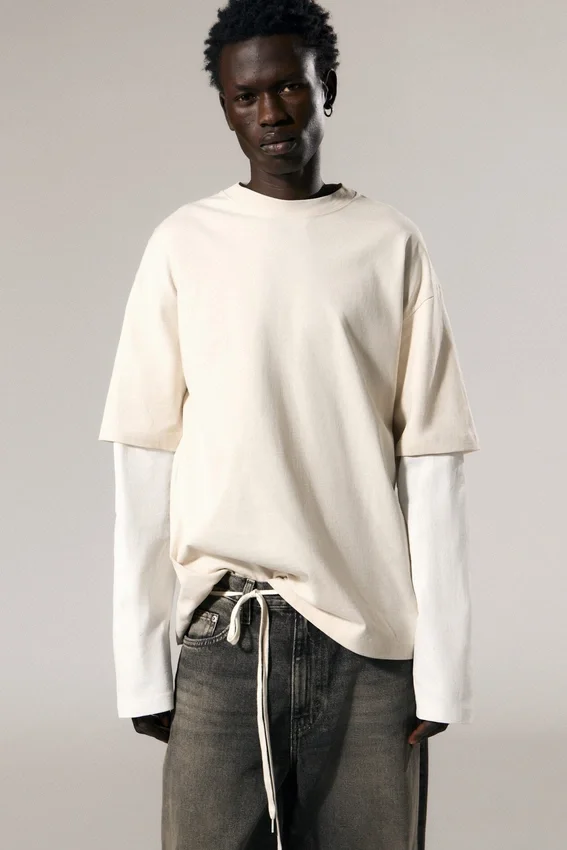 Double-Layered Cotton T-Shirt – Light Beige & White Double-Layered Cotton T-Shirt – Light Beige & White