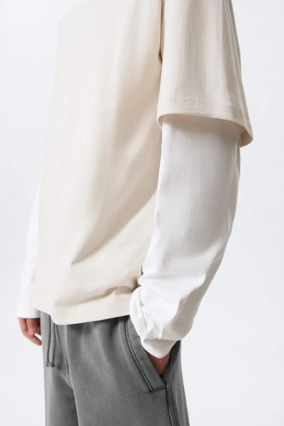 Double-Layered Cotton T-Shirt – Light Beige & White Double-Layered Cotton T-Shirt – Light Beige & White