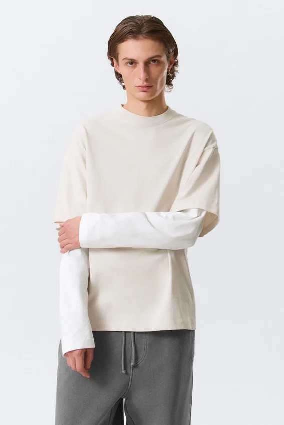 Double-Layered Cotton T-Shirt – Light Beige & White Double-Layered Cotton T-Shirt – Light Beige & White