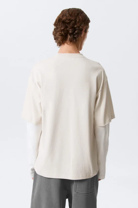 Double-Layered Cotton T-Shirt – Light Beige & White Double-Layered Cotton T-Shirt – Light Beige & White