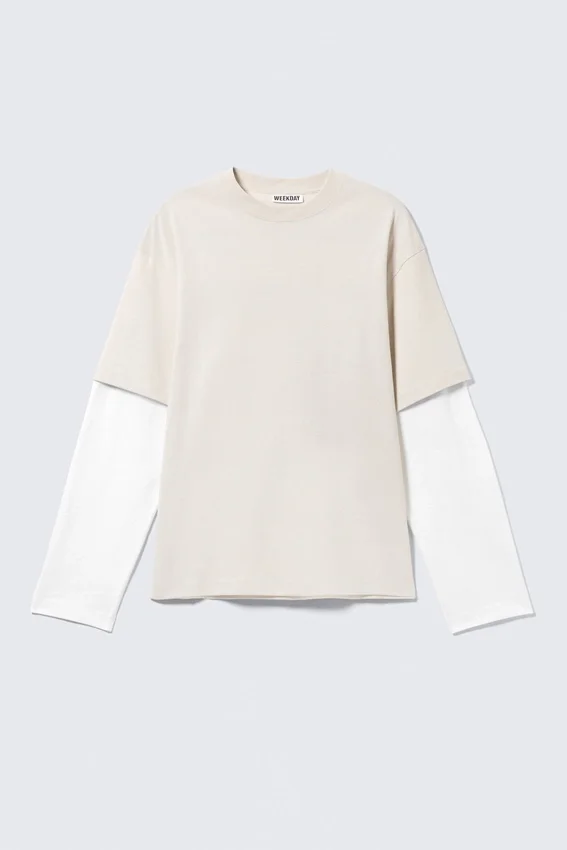 Double-Layered Cotton T-Shirt – Light Beige & White Double-Layered Cotton T-Shirt – Light Beige & White