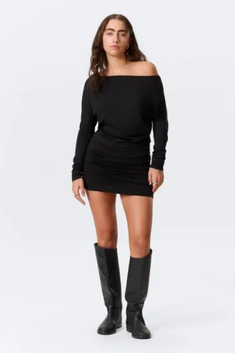 Draped Asymmetric Long-Sleeved Mini Dress – Black