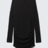Draped Asymmetric Long-Sleeved Mini Dress – Black Draped Asymmetric Long-Sleeved Mini Dress – Black