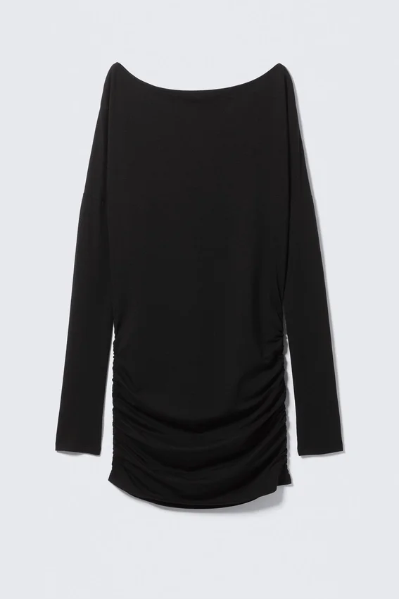 Draped Asymmetric Long-Sleeved Mini Dress – Black Draped Asymmetric Long-Sleeved Mini Dress – Black