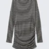Draped Asymmetric Long-Sleeved Mini Dress – Black & Grey Stripes Draped Asymmetric Long-Sleeved Mini Dress – Black & Grey Stripes