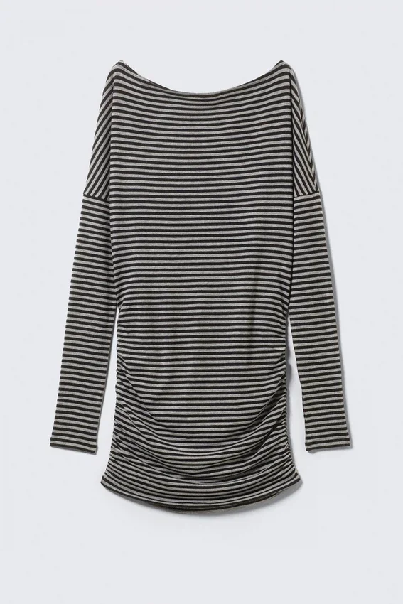 Draped Asymmetric Long-Sleeved Mini Dress – Black & Grey Stripes Draped Asymmetric Long-Sleeved Mini Dress – Black & Grey Stripes