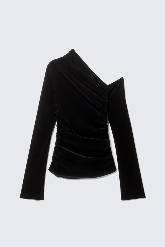 Draped Asymmetric Velvet Mesh Top – Black Draped Asymmetric Velvet Mesh Top – Black