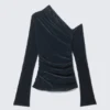 Draped Asymmetric Velvet Mesh Top – Dark Blue Draped Asymmetric Velvet Mesh Top – Dark Blue