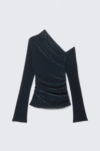 Draped Asymmetric Velvet Mesh Top – Dark Blue