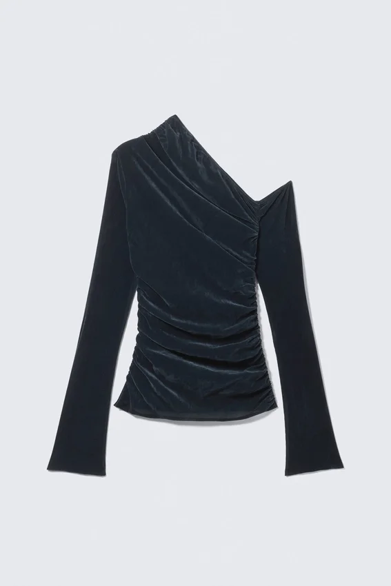 Draped Asymmetric Velvet Mesh Top – Dark Blue Draped Asymmetric Velvet Mesh Top – Dark Blue