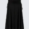 Draped Drawstring Maxi Skirt – Black